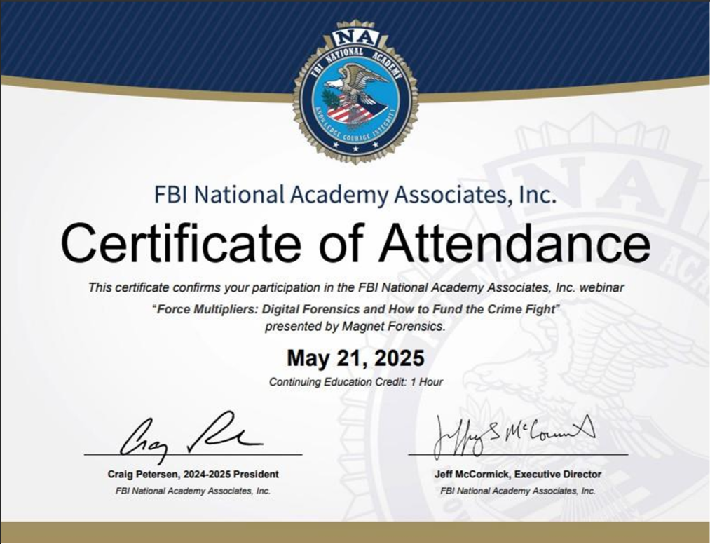 Certificate of Attendance of CSA in FBI National Academy Associates